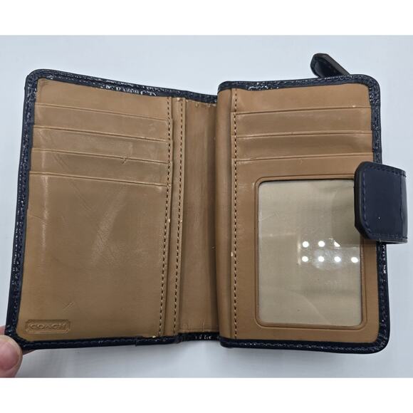 COACH Shiny Patent Leather Snap Card Case Wallet Navy Blue - Picture 7 of 10